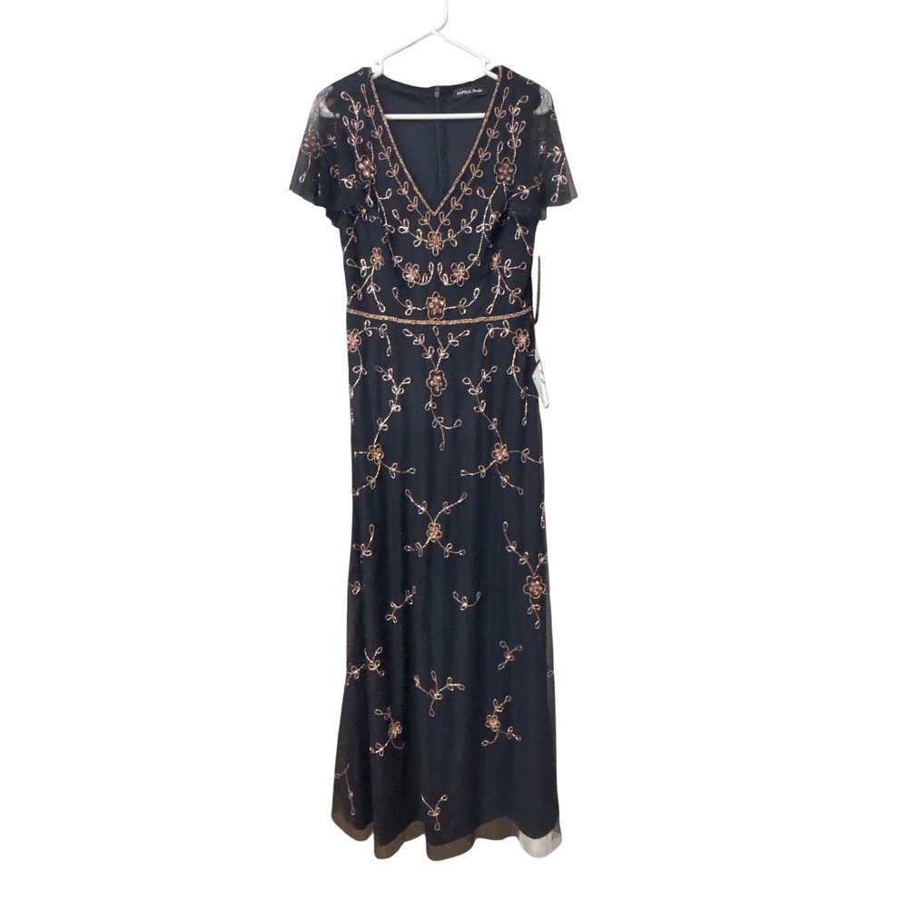 Papell Studio Navy Rose Gold Beaded V Neck Maxi Dress AP1E212577 Size 8